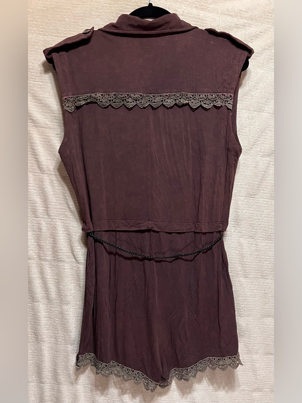 POL Dusty Mauve Utility Romper Leather Tassel Belt Lace Trim Zip Front Boho S - Picture 2 of 8
